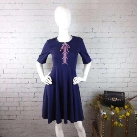 Anthropologie Maeve Fit And Flare Laced Up Dress In Blue Size XS - Picture 1 of 6